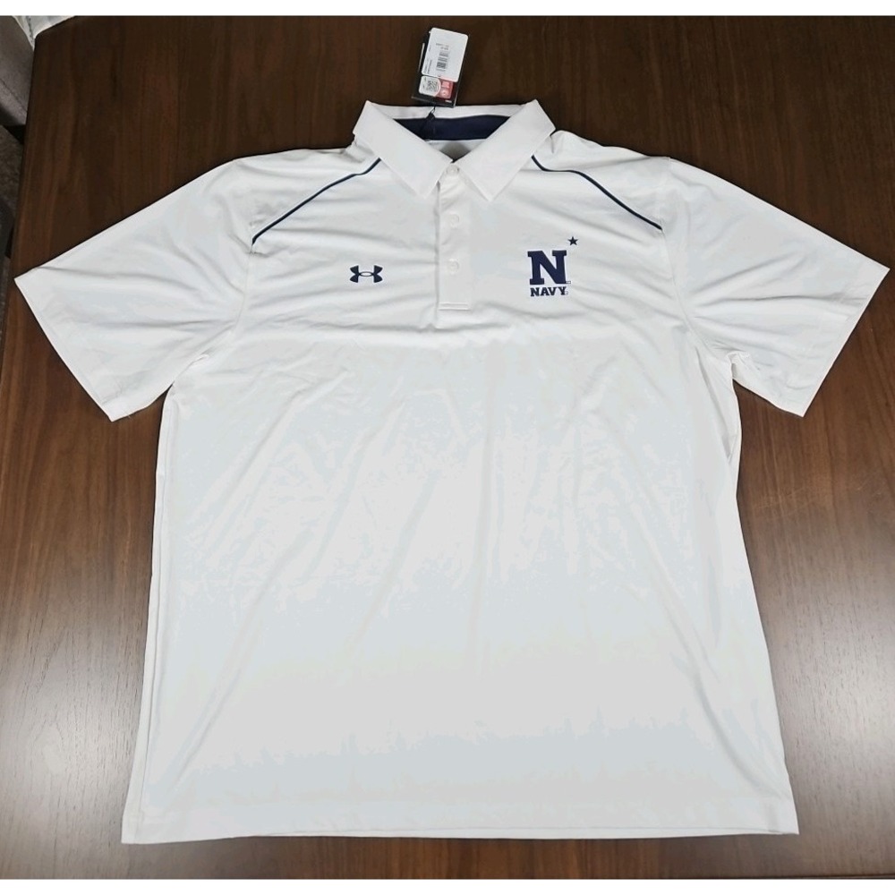 NWT Under Armour Mens 2XL Loose Polo White With Navy Academy Logo